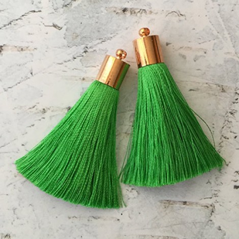 50mm Silk Tassels with Gold Plated Cap & Loop - Bright Green - 1 pair