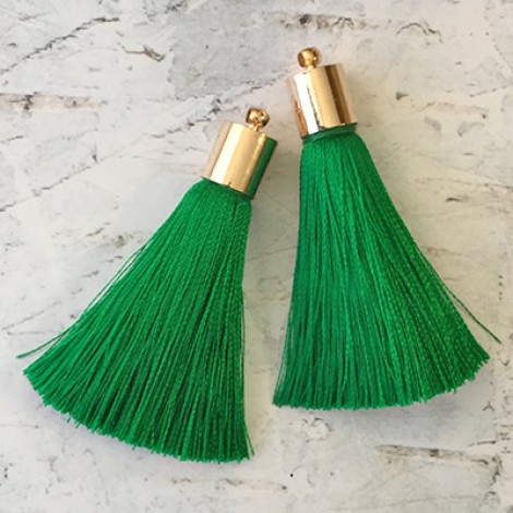 50mm Silk Tassels with Gold Plated Cap & Loop - Christmas Green - 1 pair