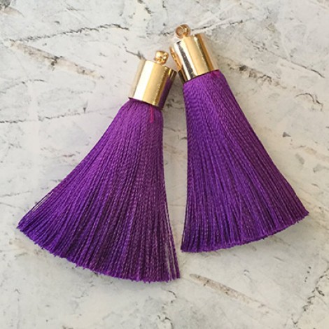 50mm Silk Tassels with Gold Plated Cap & Loop - Purple - 1 pair