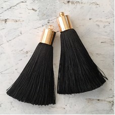 50mm Silk Tassels with Gold Plated Cap & Loop - Black - 1 pair