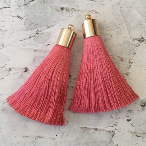 50mm Silk Tassels with Gold Plated Cap & Loop - Bright Pink - 1 pair
