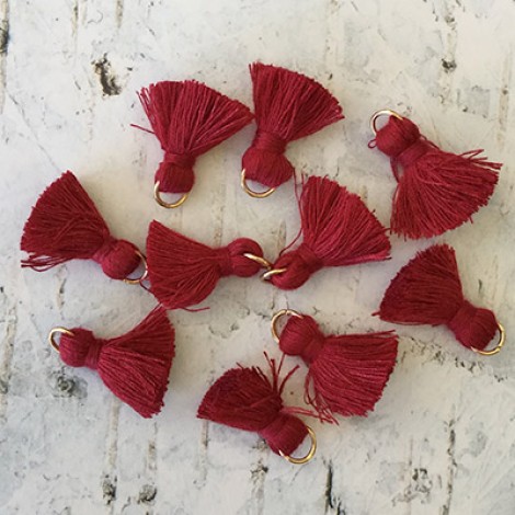 20mm Cotton Mini Tassels with Gold Jumpring - Pack of 10 - Burgundy/Gold