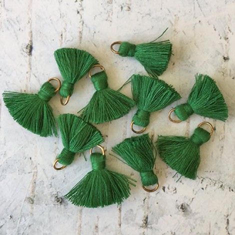 20mm Cotton Mini Tassels with Gold Jumpring - Pack of 10 - Forest Green/Gold 20mm Cotton Mini Tassels with Gold Jumpring - Pack of 10 - Forest Green/Gold