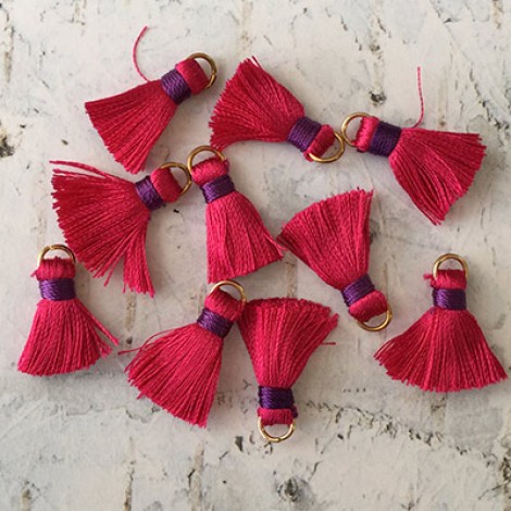 18mm Silk Mini Tassels with Gold Jumpring - Pack of 10 - Magenta/Purple