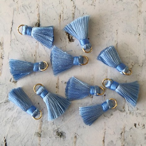 18mm Silk Mini Tassels with Gold Jumpring - Pack of 10 - Light Blue