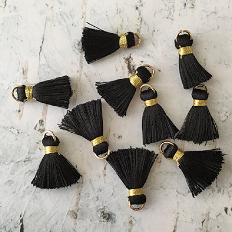 18mm Silk Mini Tassels with Gold Jumpring - Pack of 10 - Black/Gold 18mm Silk Mini Tassels with Gold Jumpring - Pack of 10 - Black/Gold