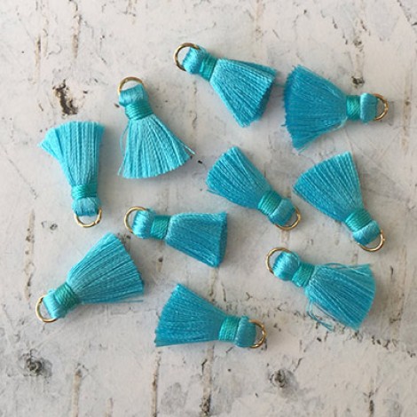 18mm Silk Mini Tassels with Gold Jumpring - Pack of 10 - Turquoise