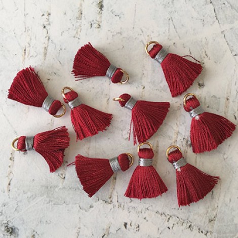 18mm Silk Mini Tassels with Gold Jumpring - Pack of 10 - Burgundy/Silver