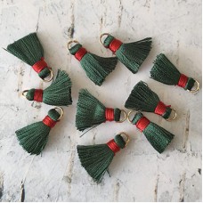18mm Silk Mini Tassels with Gold Jumpring - Pack of 10 - Forest Green/Burgundy