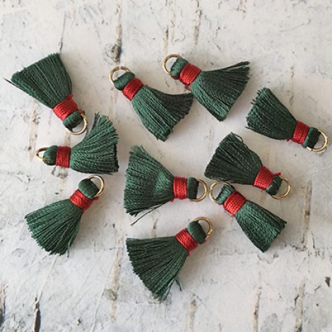 18mm Silk Mini Tassels with Gold Jumpring - Pack of 10 - Forest Green/Burgundy 18mm Silk Mini Tassels with Gold Jumpring - Pack of 10 - Forest Green/Burgundy