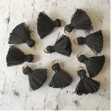20mm Cotton Mini Tassels with Gold Jumpring - Pack of 10 - Black/Gold