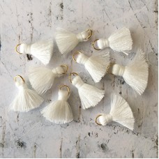 20mm Cotton Mini Tassels with Gold Jumpring - Pack of 10 - White/Gold