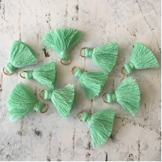 20mm Cotton Mini Tassels with Gold Jumpring - Pack of 10 - Lt Green/Gold