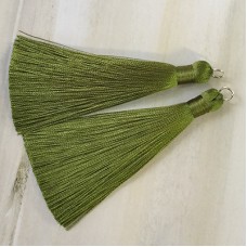 80mm Thick Bound Long Silk Tassels with Silver Jumpring - Olive Green - Per Pair