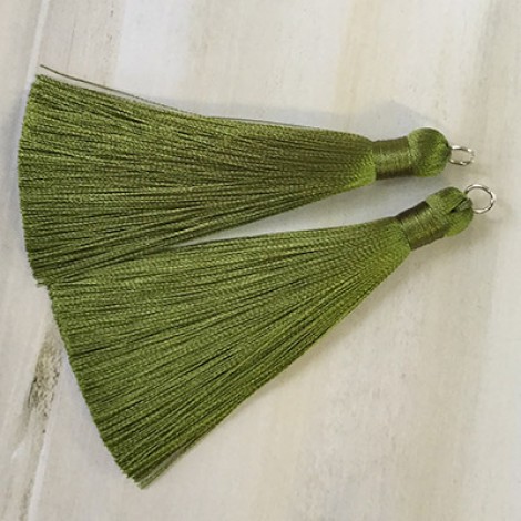80mm Thick Bound Long Silk Tassels with Silver Jumpring - Olive Green - Per Pair 80mm Thick Bound Long Silk Tassels with Silver Jumpring - Olive Green - Per Pair