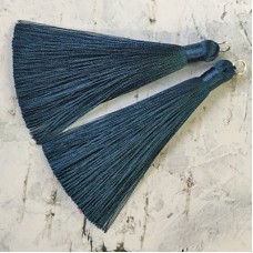 80mm Thick Bound Long Silk Tassels with Silver Jumpring - Blue Teal - Per Pair