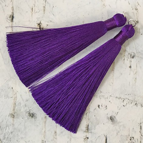 80mm Thick Bound Long Silk Tassels with Silver Jumpring - Electric Purple