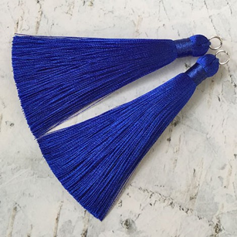 80mm Thick Bound Long Silk Tassels with Silver Jumpring - Royal Blue