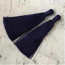 80mm Thick Bound Long Silk Tassels with Silver Jumpring - Midnight Blue - Per Pair
