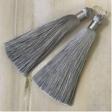 80mm Thick Bound Long Silk Tassels with Silver Jumpring - Silver Blue-Grey - Per Pair