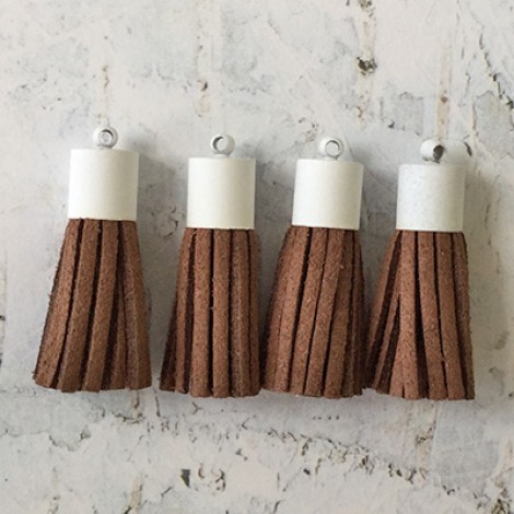 35mm Ultrasuede Tassels with Metal Cap - Pack of 4 - Brown/White 35mm Ultrasuede Tassels with Metal Cap - Pack of 4 - Brown/White