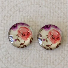 12mm Art Glass Backed Cabochons  - Vintage Flowers 10 - Per Pair