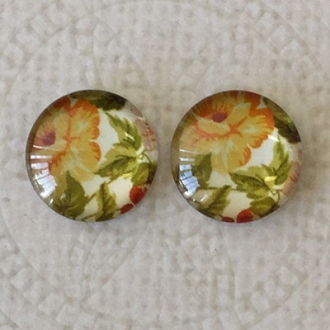 12mm Art Glass Backed Cabochons - Vintage Flowers 2 - Per Pair 12mm Art Glass Backed Cabochons - Vintage Flowers 2 - Per Pair