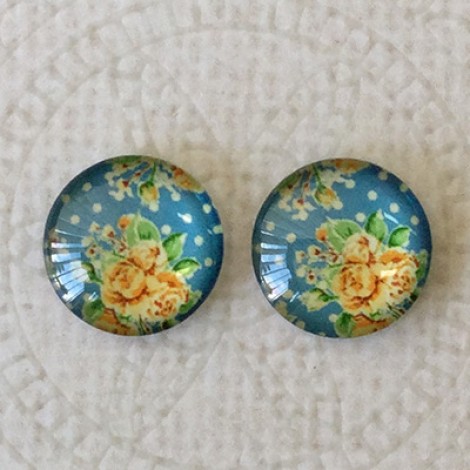 12mm Art Glass Backed Cabochons  - Vintage Flowers 3 - Per Pair