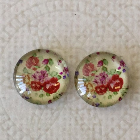 12mm Art Glass Backed Cabochons - Vintage Flowers 8 - Per Pair 12mm Art Glass Backed Cabochons - Vintage Flowers 8 - Per Pair