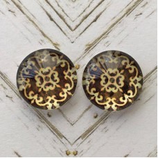 12mm Handmade Art Image Backed Glass Cabochons - Vintage Kaleidescope 9 Sepia - Per Pair