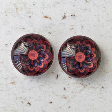 12mm Handmade Art Image Backed Glass Cabochons - Colourful Kaleidescope 11 - Per Pair