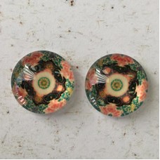 12mm Handmade Art Image Backed Glass Cabochons - Colourful Kaleidescope 3 - Per Pair