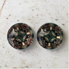 12mm Handmade Art Image Backed Glass Cabochons - Colourful Kaleidescope 6 - Per Pair