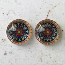 12mm Handmade Art Image Backed Glass Cabochons - Colourful Kaleidescope 8 - Per Pair