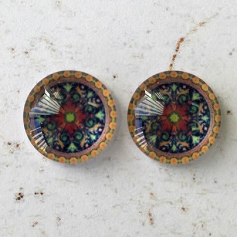 12mm Handmade Art Image Backed Glass Cabochons - Colourful Kaleidescope 8 - Per Pair 12mm Handmade Art Image Backed Glass Cabochons - Colourful Kaleidescope 8 - Per Pair