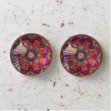 12mm Handmade Art Image Backed Glass Cabochons - Colourful Kaleidescope 9 - Per Pair