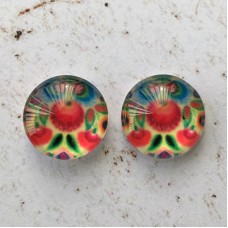 12mm Handmade Art Image Backed Glass Cabochons - Folk Art Flowers 10 - Per Pair