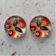 12mm Handmade Art Image Backed Glass Cabochons - Folk Art Flowers 3 - Per Pair