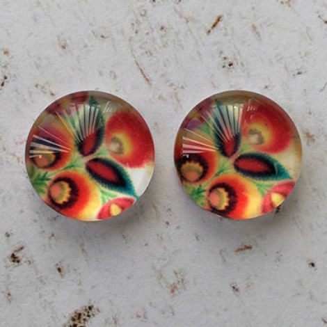 12mm Handmade Art Image Backed Glass Cabochons - Folk Art Flowers 3 - Per Pair 12mm Handmade Art Image Backed Glass Cabochons - Folk Art Flowers 3 - Per Pair