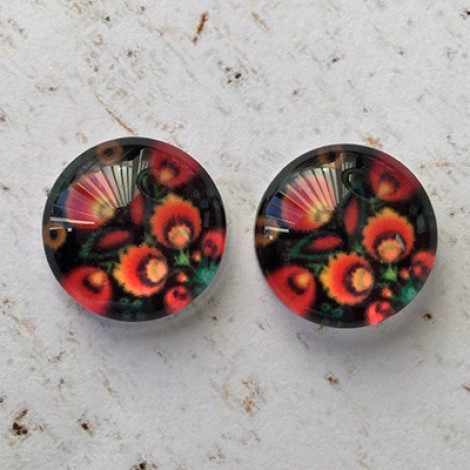 12mm Handmade Art Image Backed Glass Cabochons - Folk Art Flowers 4 - Per Pair 12mm Handmade Art Image Backed Glass Cabochons - Folk Art Flowers 4 - Per Pair