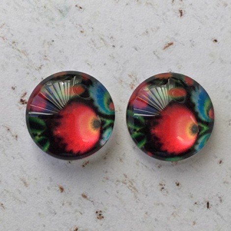 12mm Handmade Art Image Backed Glass Cabochons - Folk Art Flowers 5 - Per Pair 12mm Handmade Art Image Backed Glass Cabochons - Folk Art Flowers 5 - Per Pair