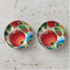 12mm Handmade Art Image Backed Glass Cabochons - Folk Art Flowers 6 - Per Pair