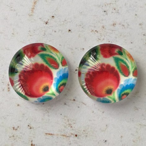 12mm Handmade Art Image Backed Glass Cabochons - Folk Art Flowers 6 - Per Pair
