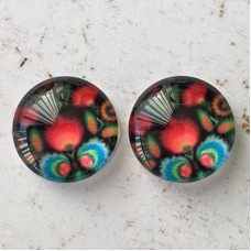 12mm Handmade Art Image Backed Glass Cabochons - Folk Art Flowers 7 - Per Pair