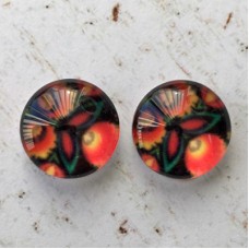 12mm Handmade Art Image Backed Glass Cabochons - Folk Art Flowers 8 - Per Pair