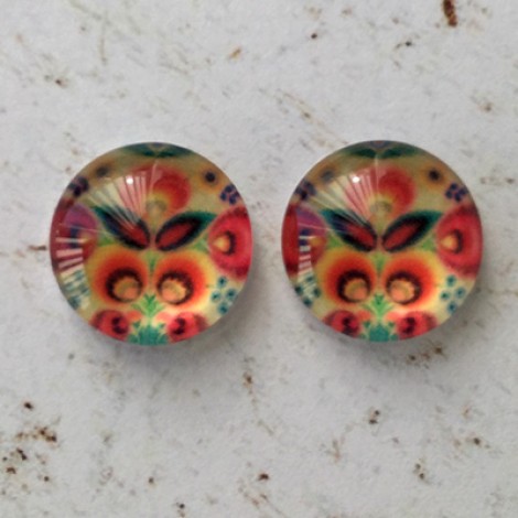 12mm Handmade Art Image Backed Glass Cabochons - Folk Art Flowers 9 - Per Pair