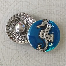 20mm Ant Silver Plated with Blue Enamel Seahorse Snap Chunk - Each