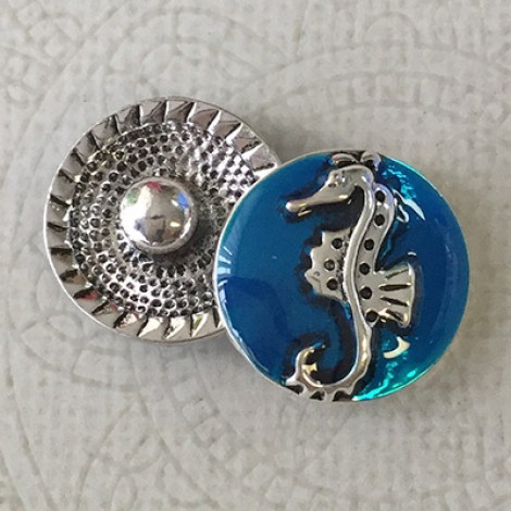 20mm Ant Silver Plated with Blue Enamel Seahorse Snap Chunk