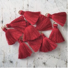 30mm Cotton Mini Tassels with Gold Jumpring - Pack of 10 - Deep Red/Gold