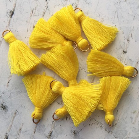 30mm Cotton Mini Tassels with Gold Jumpring - Pack of 10 - Bright Yellow/Gold